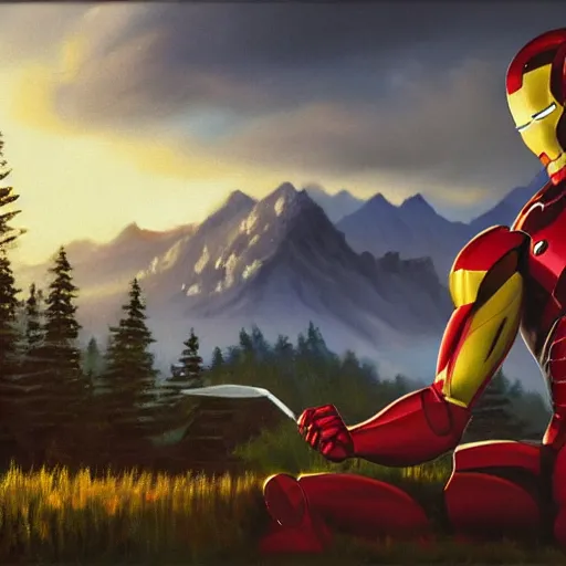 Image similar to a closeup photorealistic photograph of bob ross painting an image of iron man on a canvas. mountains and trees. film still. brightly lit scene. this 4 k hd image is trending on artstation, featured on behance, well - rendered, extra crisp, features intricate detail, epic composition and the style of unreal engine.