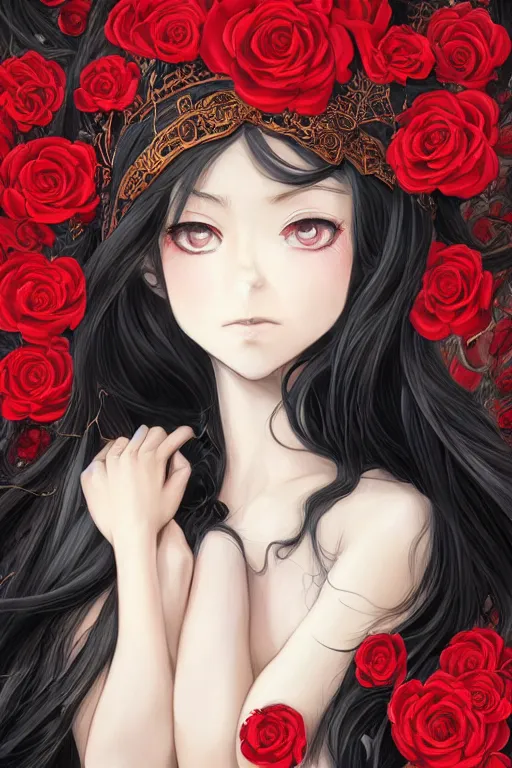 Prompt: high quality digital portrait of woman with long black hair, red eyes, red headband, golden roses in hair, anime, face, fantasy, intricate, elegant, highly detailed, digital painting, concept art, smooth, sharp focus, illustration, art by hiromu arakawa, krenz cushart, sui ishida, trending on artstation