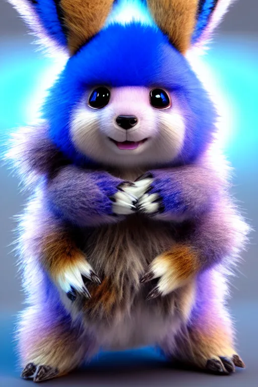 Image similar to high quality 3 d render hyperrealist very cute multicolor fluffy! cyborg!! quokka hybrid with wings!!!, highly detailed, vray smooth, in the style of detective pikachu, hannah yata charlie immer, dramatic blue light, low angle, uhd 8 k, sharp focus