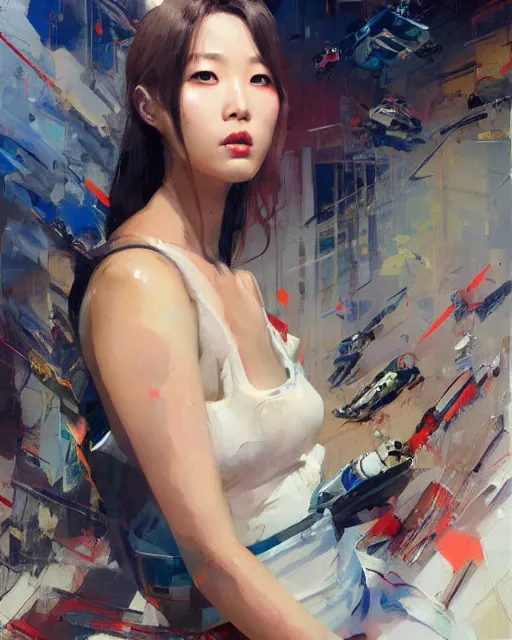 Prompt: Lee Jin-Eun by John Berkey and Peter Mohrbacher, rule of thirds, seductive look, beautiful, in intergalactic hq, Refined, masterpiece, face anatomy