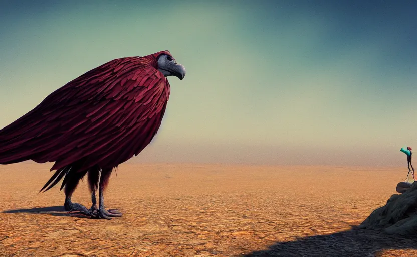 Prompt: A single vulture in the desert, trending on artstation, vibrant, cgsociety