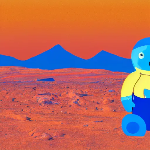 Image similar to blue'snappy gifts'human - sized plush doll, on the background of mars landscape, holding gift, hazy atmosphere, high detail, soft lighting, 8 k