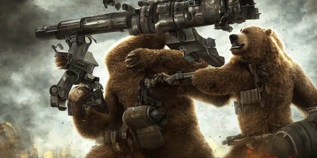 Prompt: bear holding a minigun and firing into a building, realistic 4 k octane beautifully detailed render, 4 k post - processing, highly detailed, intricate complexity, epic composition, magical atmosphere, cinematic lighting, masterpiece, ultra hd