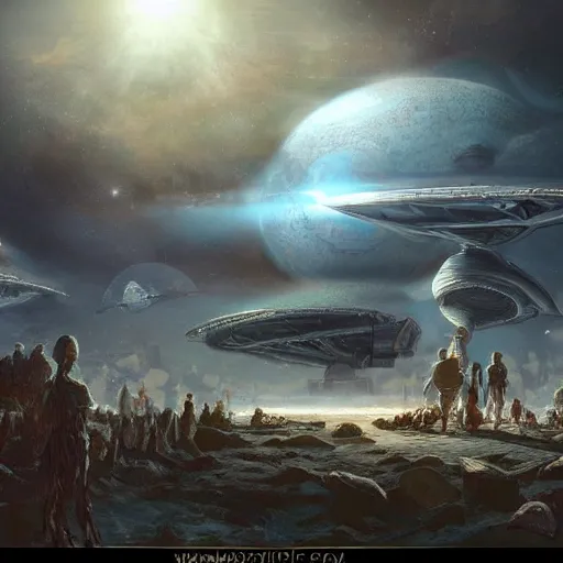 Image similar to thousands of people next to a big spaceship, fantasy art