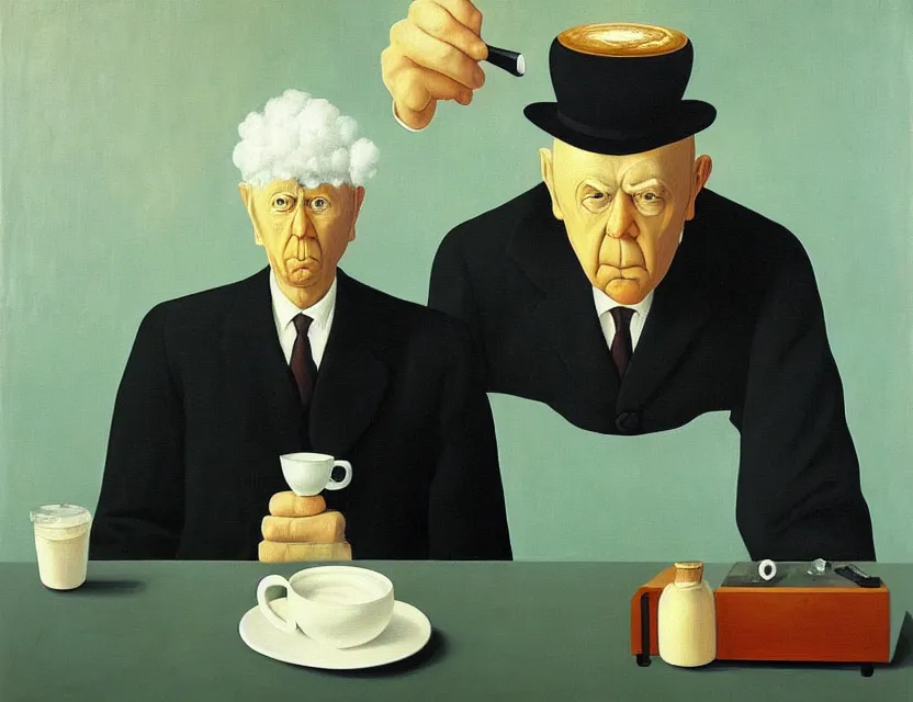 Prompt: a painting of a old and strange dusty professor in black suite making a study of drinking 1 0 cups of black coffee in a kitchen that is slowly melting, styled and painted by rene magritte