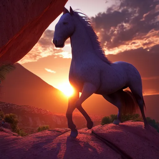 Image similar to spirit untaimed, brown horse from the movie next to a canyon riding in the sunset, movie poster, 8 k, trending on artstation, octane render, volumetric shadows