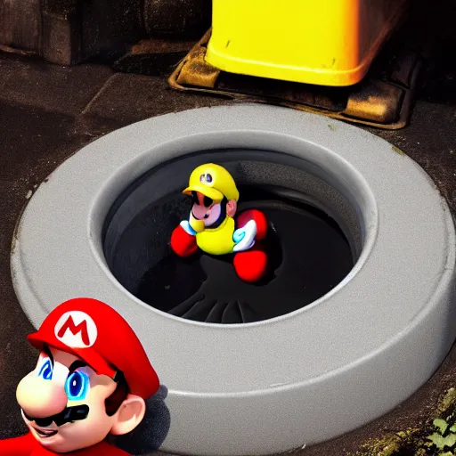 Prompt: mario seen under a sewer grate