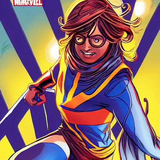 Prompt: kamala khan, ms. marvel, in hijab, marvel superhero, action scene, art by mark bagley