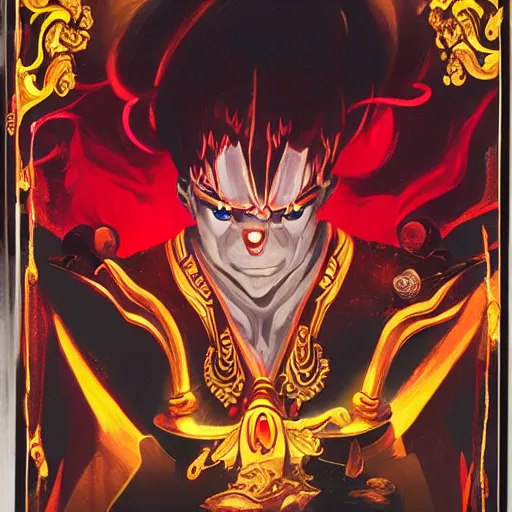 Image similar to a charismatic solid gold demon in a fantasy gambling den, red mist surrounding, studio gibli
