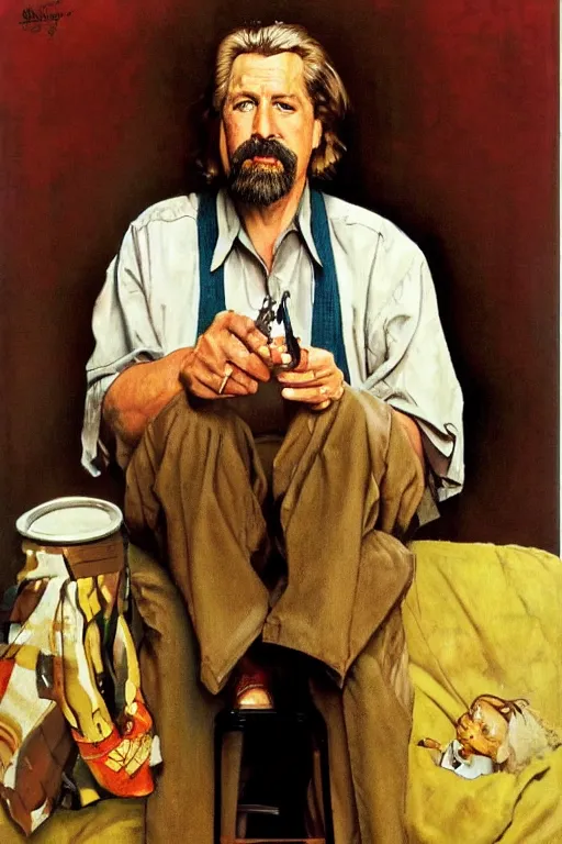 Prompt: The Dude from the movie The big Lebowski painted by Norman Rockwell