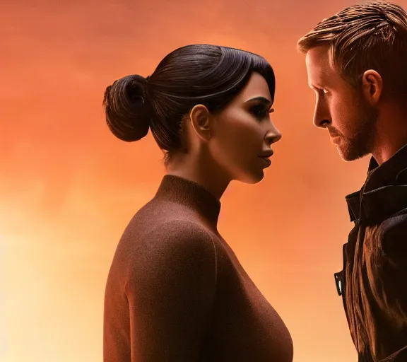 Image similar to a movie still of kim kardashian talking with ryan gosling in the movie blade runner 2 0 4 9