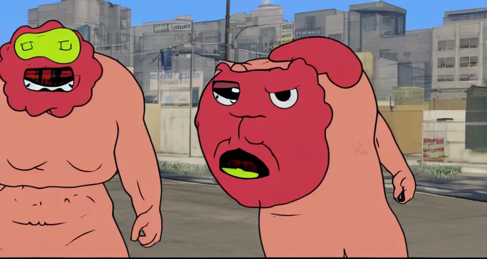 Image similar to Screenshot of Meatwad from Aqua Teen Hunger Force as a 3d NPC in the videogame 'Grand Theft Auto V'. Sharpened. 1080p. High-res. Ultra graphical settings.