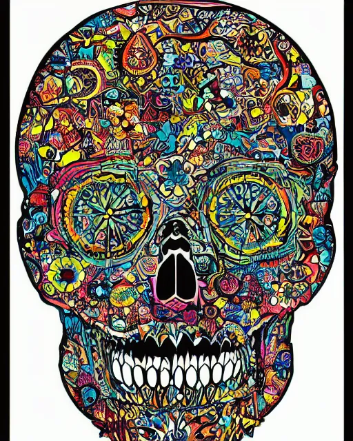 Image similar to an intricate exploding skull, screen print, colour explosion, voronoi, art by Gustavo Bernal, Garavato