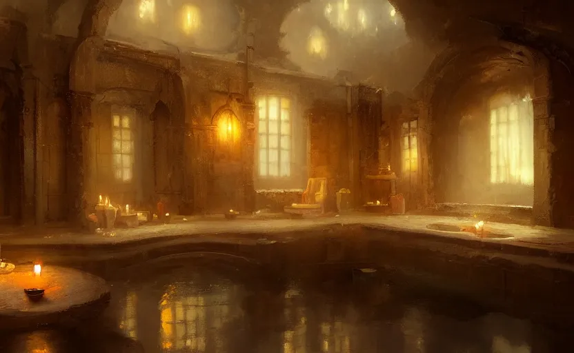 Image similar to painting of an interior of a bath house with candles, concept art, by greg rutkowski and craig mullins, cozy atmospheric and cinematic lighting, trending on artstation