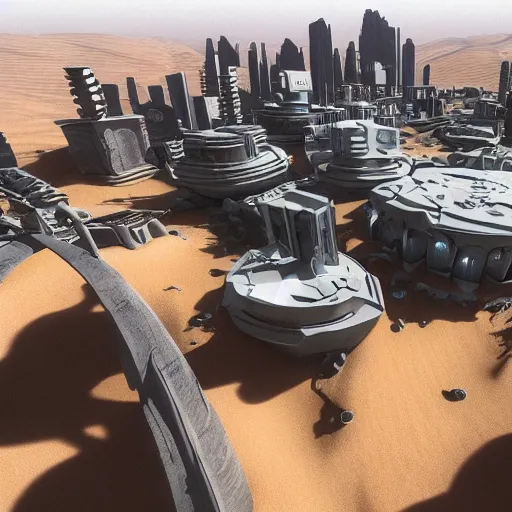 Prompt: upside down sci - fi city in the middle of the desert