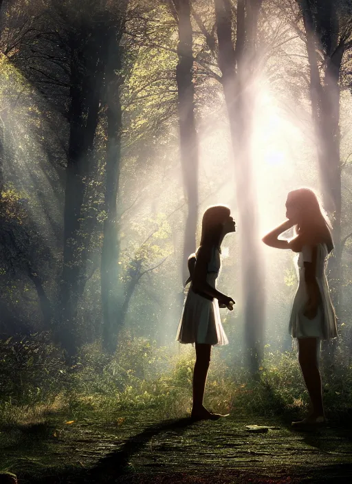 Prompt: a beautiful detailed photo of a girl kissing another girl with god rays shining through trees on a post - apocolyptic world, realistic, f 8, 4 k hd wallpaper