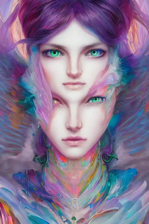 Image similar to chromatic angelic goddess of colors, d & d, full body portrait, mixed media, seductive look, chromatic aberration, hyper realistic, highly detailed, headshot, digital painting, trending on artstation, concept art, sharp focus, illustration, art by jin kagetsu and james jean and wlop and artgerm and greg rutkowski and ayami kojima