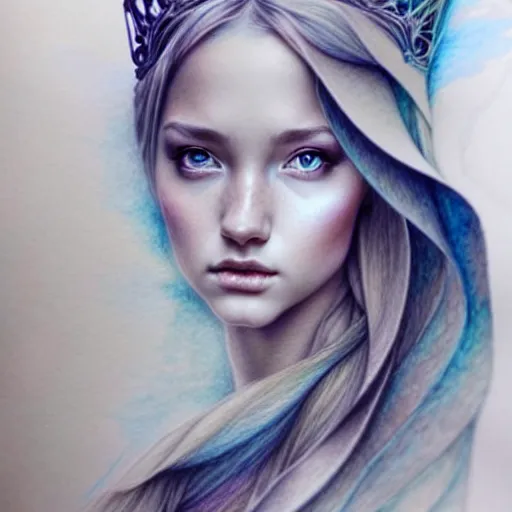 Image similar to hyper realistic pencil drawing of a fantasy princess, muted water color, full portrait, detailed, rim light, diffused, intricate, by anna dittmann