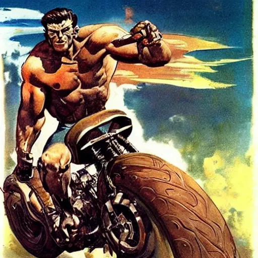 Prompt: into glory ride, artwork by Frank Frazetta, motorcycle, muscular man