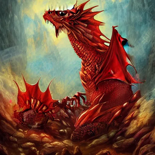 Prompt: red fire breathing dragon in a room filled with dragon eggs, painted in romantic artstyle, high fantasy