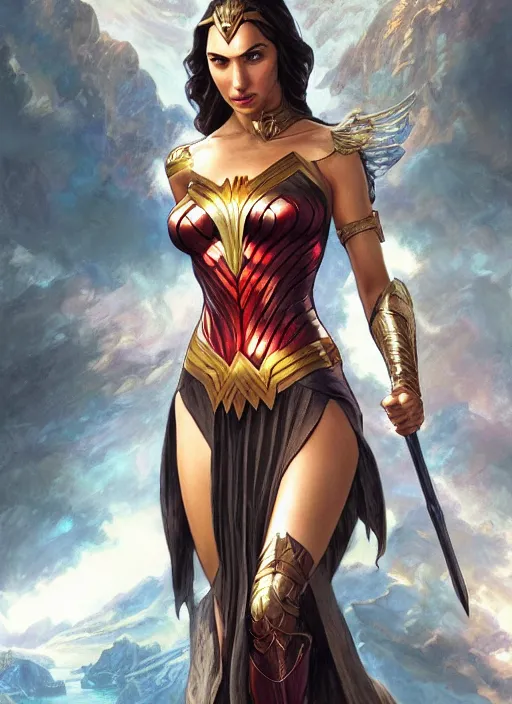 Prompt: Gal Gadot as Hell Lord, full body shot, epic, fantasy, intricate, elegant, volumetric lighting, highly detailed, digital painting, 4k, HDR, concept art, smooth, sharp focus, illustration, art by artgerm and alex ross and alphonse mucha
