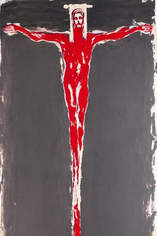 Image similar to red bloody jesus christ crucified painted by cy twombly and andy warhol,