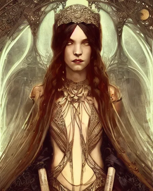 Prompt: tarot card, high priestess, Art nouveau, intricate, elegant, highly detailed, concept art, sharp focus, beautiful face, by bastien deharme, Brom, trending on Artstation