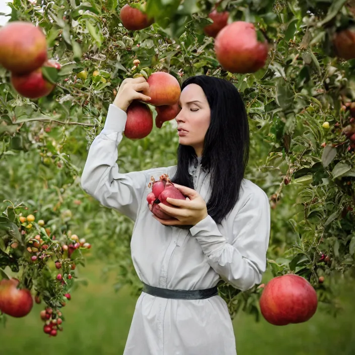 Image similar to a closeup portrait of a woman wearing futuristic material, picking pomegranates from a tree in an orchard, foggy, moody, photograph, by vincent desiderio, canon eos c 3 0 0, ƒ 1. 8, 3 5 mm, 8 k, medium - format print