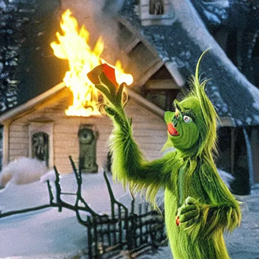 Prompt: the grinch committing arson in whoville