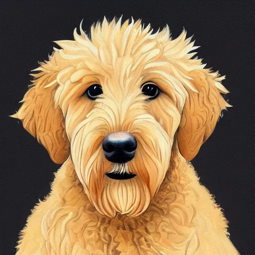 Image similar to portrait of a cute blond goldendoodle, high detail painting, award winning art, beautiful illustration, symmetry