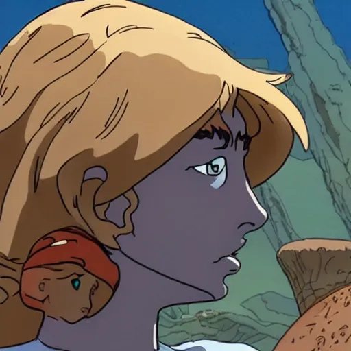 Image similar to Margot Robbie as Nausicaa in the Nausicaa of the Valley of the Wind, Studio Ghibli style