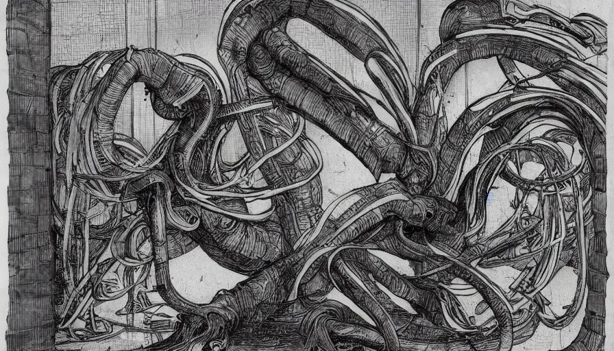 Prompt: encyclopedia drawing of a cyberpunk squid, manuscript, detailed