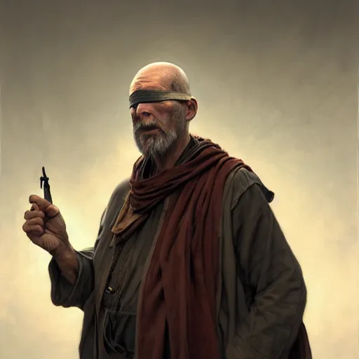 Image similar to portrait painting of a post - apocalyptic older american man wearing monk garbs and a blindfold and a scrap pauldron, ultra realistic, concept art, intricate details, eerie, highly detailed, photorealistic, octane render, 8 k, unreal engine. art by artgerm and greg rutkowski and charlie bowater and magali villeneuve and alphonse mucha