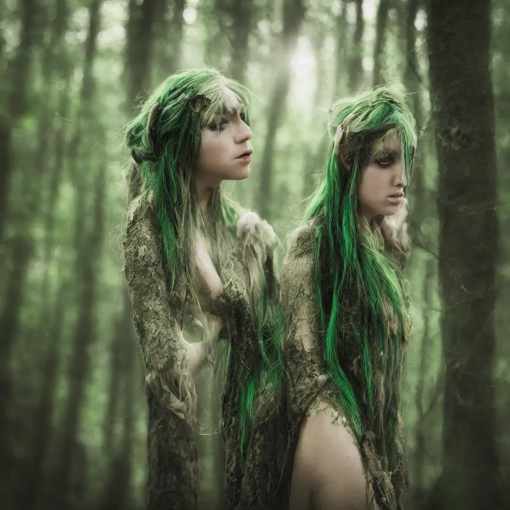 Image similar to stunning breathtaking photo of a wood nymph with green hair and elf ears in a hazy forest at dusk. dark, moody, eerie lighting, brilliant use of glowing light and shadow. sigma 8 5 mm f / 1. 4