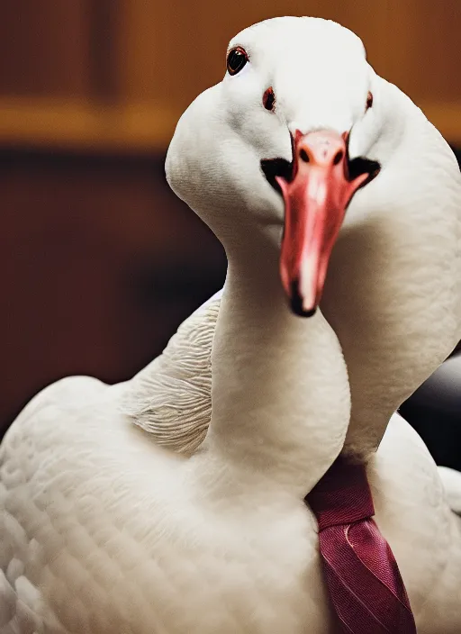 Prompt: closeup portrait of a goose lawyer in court, natural light, bloom, detailed face, magazine, press, photo, steve mccurry, david lazar, canon, nikon, focus