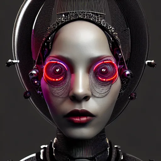 Image similar to portrait of an absurdly beautiful, graceful, sophisticated, fashionable black cyberpunk mechanoid gravure idol, hyperdetailed illustration by irakli nadar, matt wisniewski style, intricate linework, dark black porcelain skin, jellyfish headdress, electronic veil, unreal engine 5 highly rendered, global illumination, red light, detailed and intricate environment