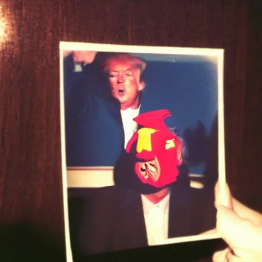 Prompt: A man wearing a Donald Trump mask at a party. Polaroid photo