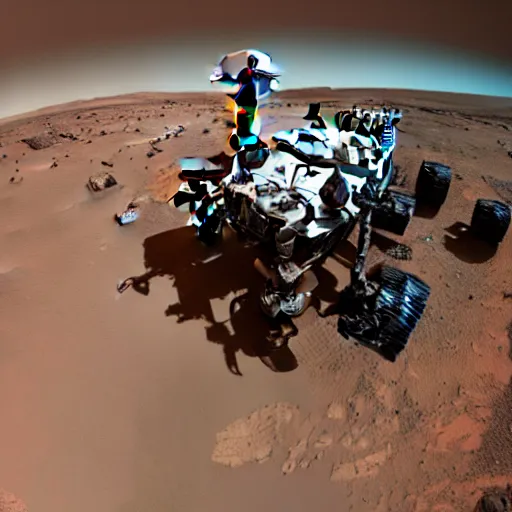 Image similar to extremely detailed photo of carl sagan looking through visor of spacesuit, mars rover in background