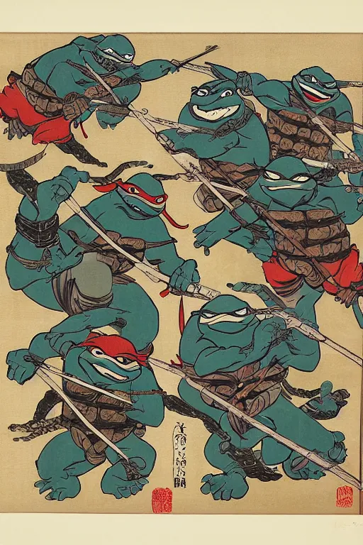 Image similar to Four Teenage Mutant Ninja Turtles, Japanese ukiyo-e ukiyo-ye woodblock print, by Moronobu