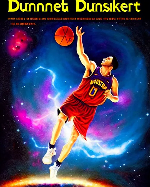 Image similar to cosmic basketball player dunking a basketball hoop in a nebula, an oil painting, by ( leonardo da vinci ) and greg rutkowski and rafal olbinski and ross tran, award - winning magazine cover