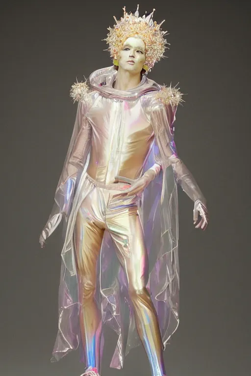 Prompt: full-body rococo and cyberpunk delicate crystalline sculpture of (((muscular slender Spanish male))) as an iridescent humanoid deity wearing a thin see-through ((plastic hooded cloak)) sim roupa, reclining con (las piernas abiertas), glowing pink face, crown of (((white lasers))), large diamonds, swirling black silk fabric. futuristic elements. oozing glowing liquid, full-length view. space robots. (((human skulls))). throne made of bones, intricate artwork by caravaggio. Trending on artstation, octane render, cinematic lighting from the right, hyper realism, octane render, 8k, depth of field, 3D