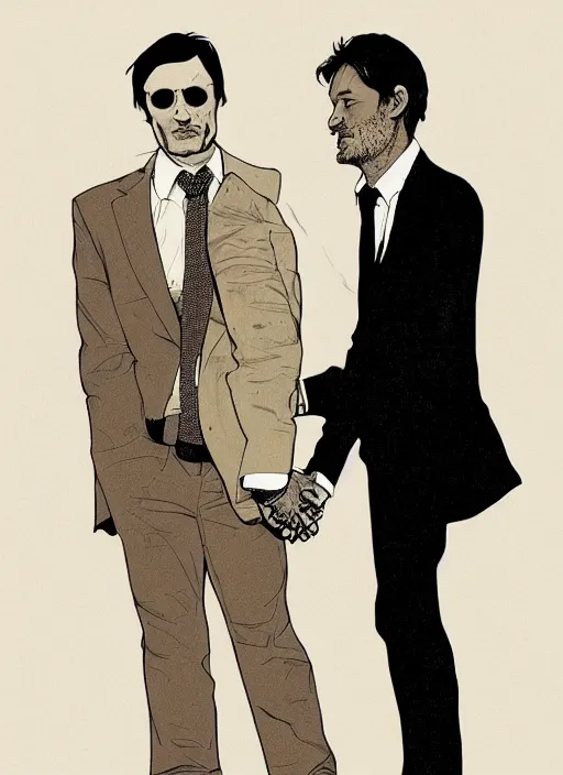 Image similar to portrait of Mads Mikkelsen and Hugh Dancy holding hands romantically as they chaperone school dance by Michael Whelan, Bob Larkin and Tomer Hanuka, simple illustration, domestic, nostalgic, clean, Matte painting, trending on artstation and unreal engine, New Yorker magazine cover, 1980s romance book cover