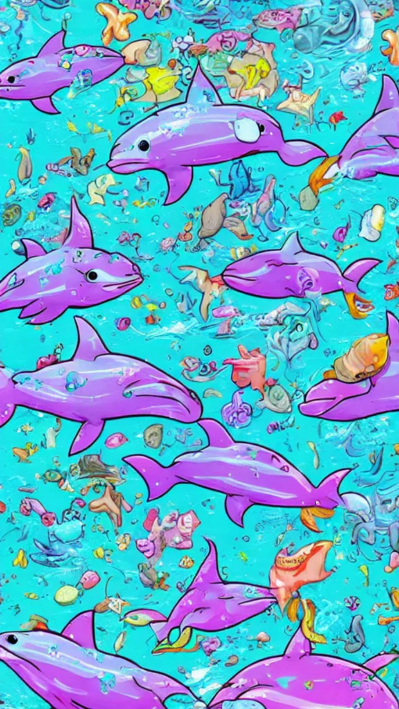 Image similar to y 2 k dolphins, trolls and sparkles, seapunk