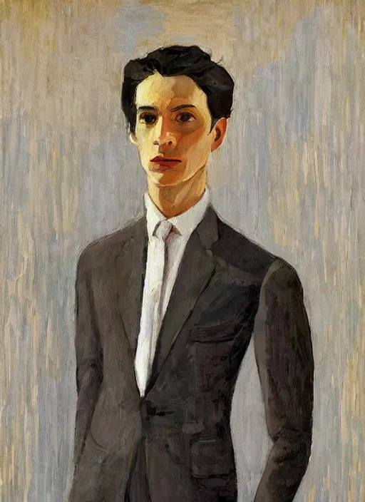 Image similar to a painted portrait of a well dressed man, art by felice casorati, aesthetically pleasing and harmonious natural colors, expressionism, natural light, fine day, portrait