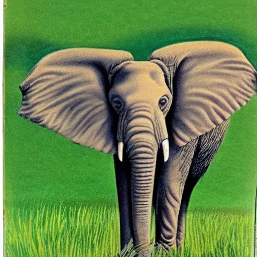 Prompt: Portrait of an elephant on a green meadow, Book for elementary school students