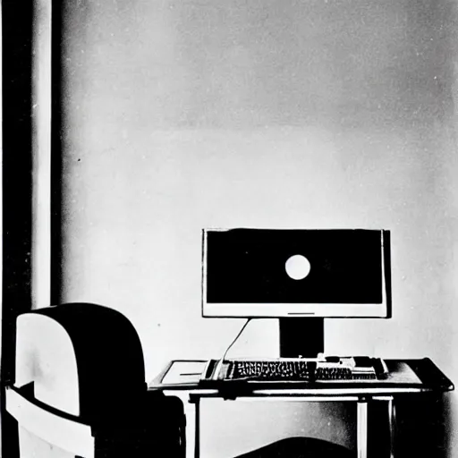 Prompt: old black and white photo, 1 9 3 3, depicting a computer in bauhaus, historical record