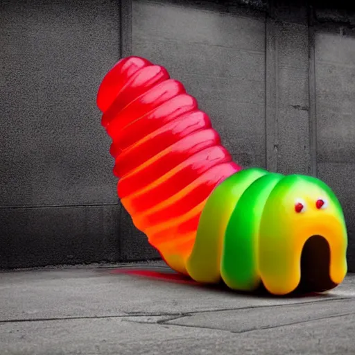 Image similar to a futuristic robotic gummi worm. dramatic product lighting. it's a gummi with extra juiciness. but it's also a worm. ick. trendy food truck in a moody alleyway. digital art, art film.