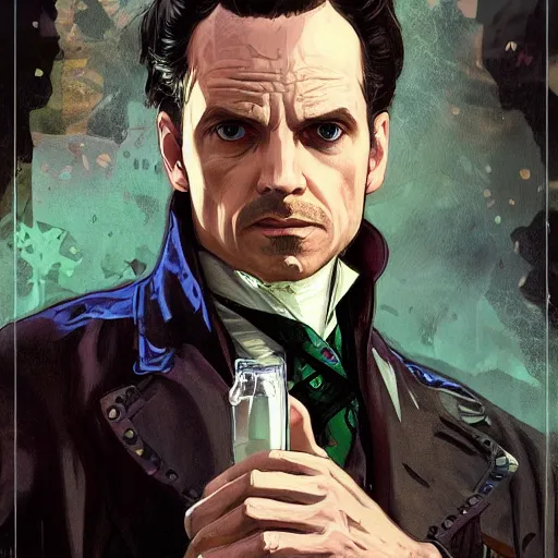 Image similar to [UHD Professor Moriarty as a GTA characters on the streets of futuristic steampunk London, correct faces, intricate, elegant, graphic detail, digital painting, trending on artstation, concept art, tonalism, sharp focus, illustration, art by Todd McFarlane and Greg Rutkowski and Alphonse Mucha]