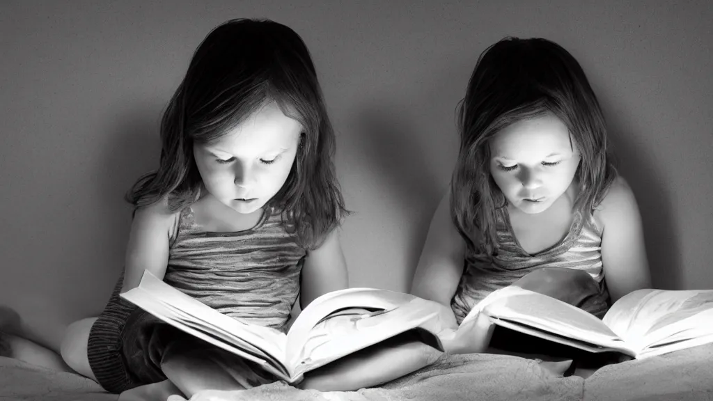 Prompt: a child reading a scary book. Chiaroscuro lighting.