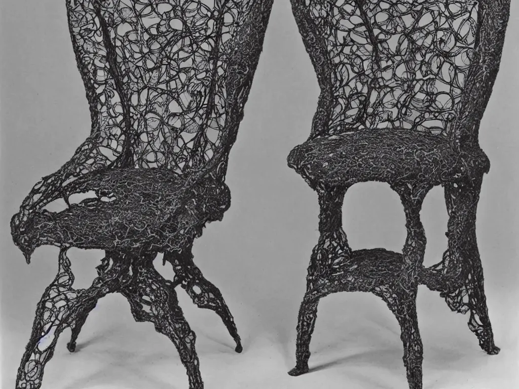 Prompt: lace chair with human feet. karl blossfeldt, salvador dali